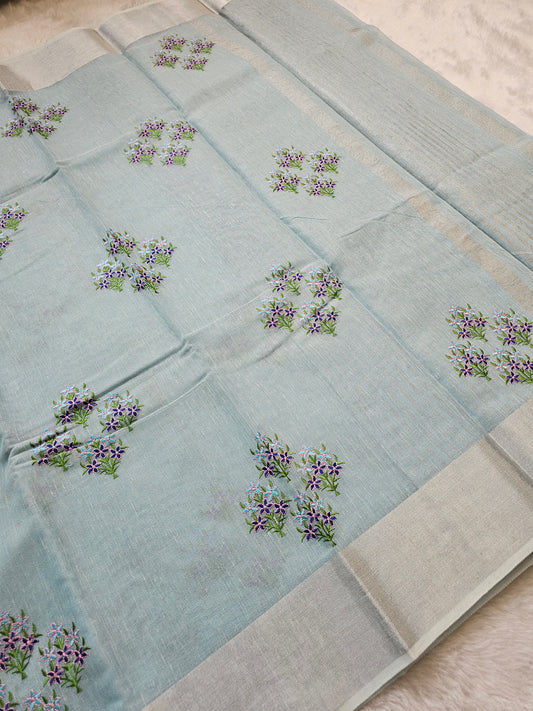 Banarasi Premium Embroidered Linen Silk Saree with Floral Butta – Sky Blue & Silver Border