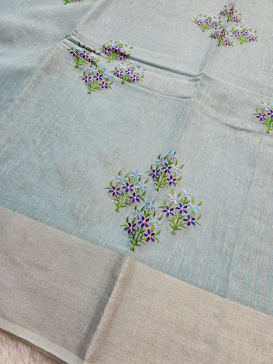 Banarasi Premium Embroidered Linen Silk Saree with Floral Butta – Sky Blue & Silver Border