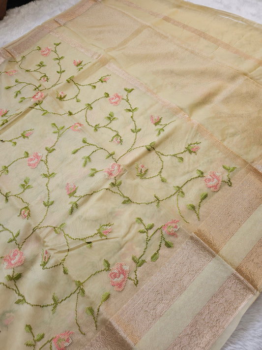 Banarasi Elegant Floral Embroidered Organza Silk Saree with Soft Zari Woven Border