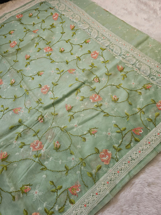 Banarasi Pastel Green Floral Embroidered Organza Silk Saree with Intricate Embroidered Lace Border
