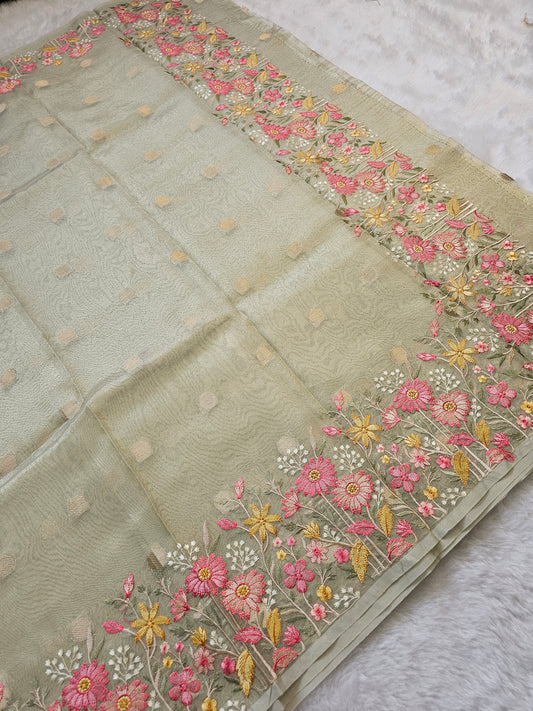 Banarasi Elegant Embroidered Tissue Silk Saree with Floral Border & Woven Butti Design
