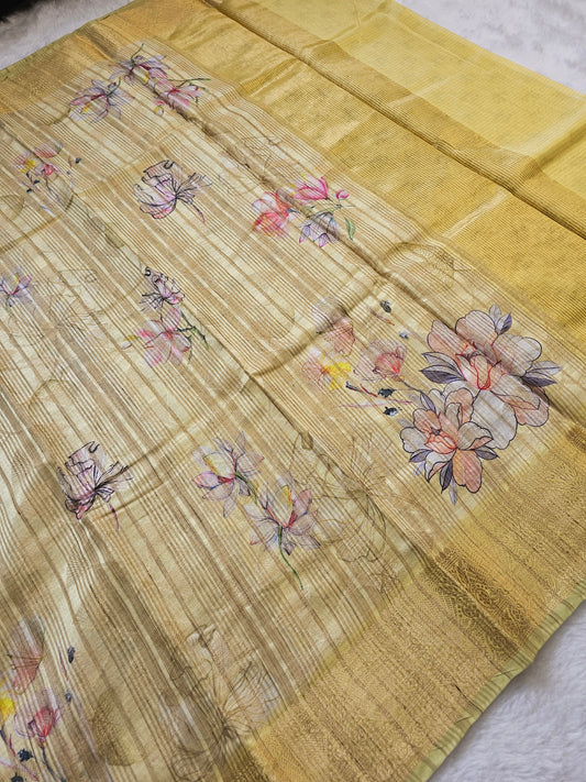 Banarasi Elegant Beige Cotton Print Silk Saree with Floral Digital Print & Woven Border