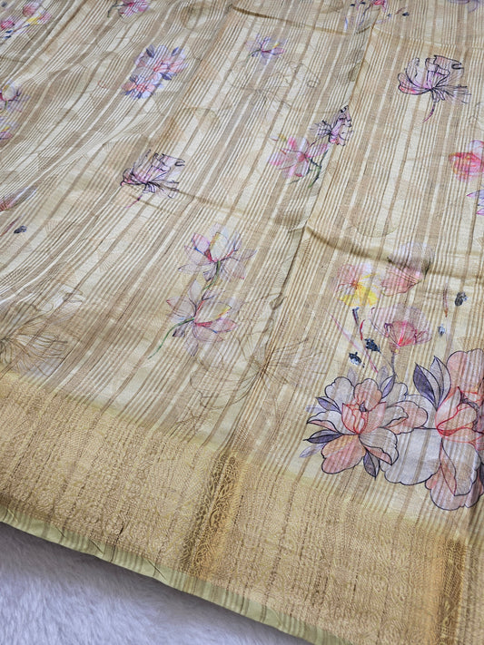 Banarasi Elegant Beige Cotton Print Silk Saree with Floral Digital Print & Woven Border