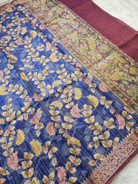 Banarasi Royal Blue Printed Cotton Silk Saree with Floral Design & Woven Border