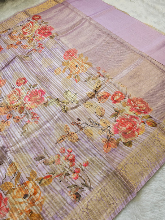 Banarasi Lavender Printed Cotton Silk Saree with Floral Print & Gold Zari Woven Border