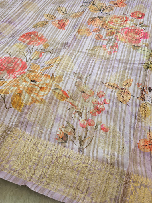 Banarasi Lavender Printed Cotton Silk Saree with Floral Print & Gold Zari Woven Border