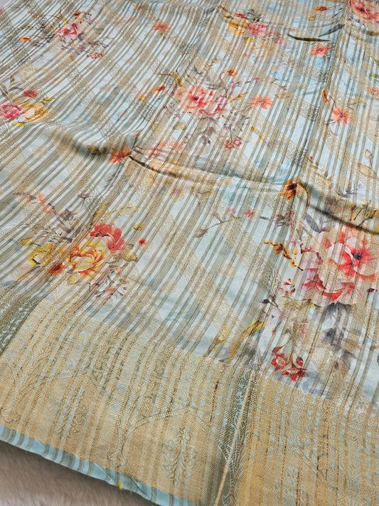 Banarasi Sea Green Printed Cotton Silk Saree with Floral Print & Gold Zari Woven Border