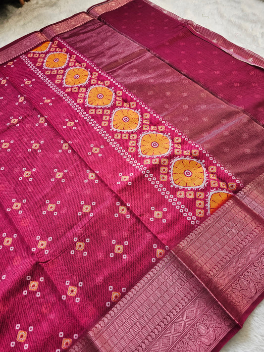 Banarasi Magenta Printed Cotton Silk Saree with Traditional Bandhani-Inspired Print & Woven Zari Border