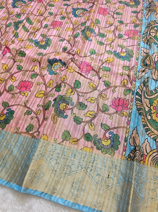 Banarasi Sky Blue & Pink Printed Cotton Silk Saree with Floral Kalamkari Print & Gold Zari Woven Border