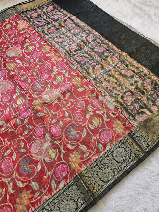 Banarasi Crimson Red Printed Cotton Silk Saree with Floral Vine Print & Black Contrast Pallu