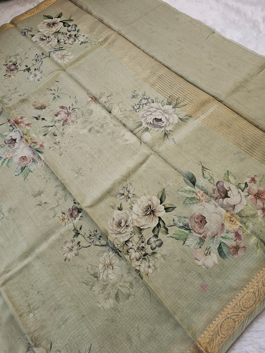 Banarasi Sage Green Printed Cotton Silk Saree with Pastel Floral Print & Gold Zari Woven Border