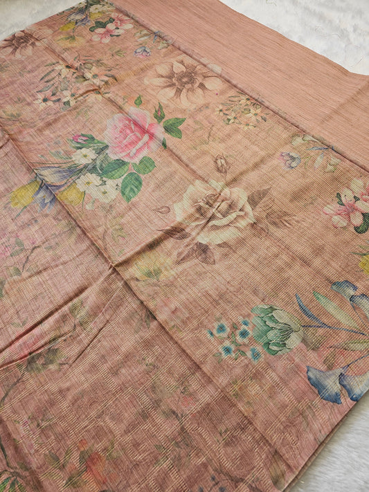 Banarasi Blush Pink Printed Cotton Silk Saree with Pastel Floral Print
