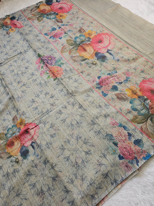Banarasi Ivory Printed Cotton Silk Saree with Multicolor Floral Print