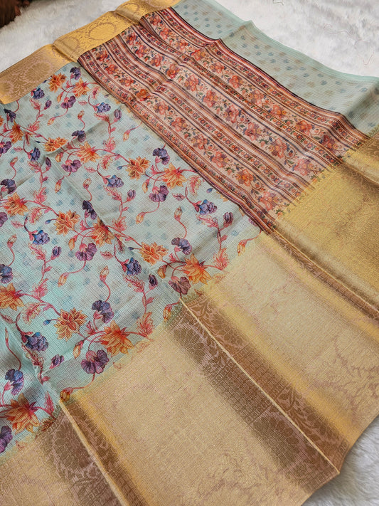 Banarasi Sky Blue Printed Kota Silk Saree with Floral Print & Rich Gold Zari Border
