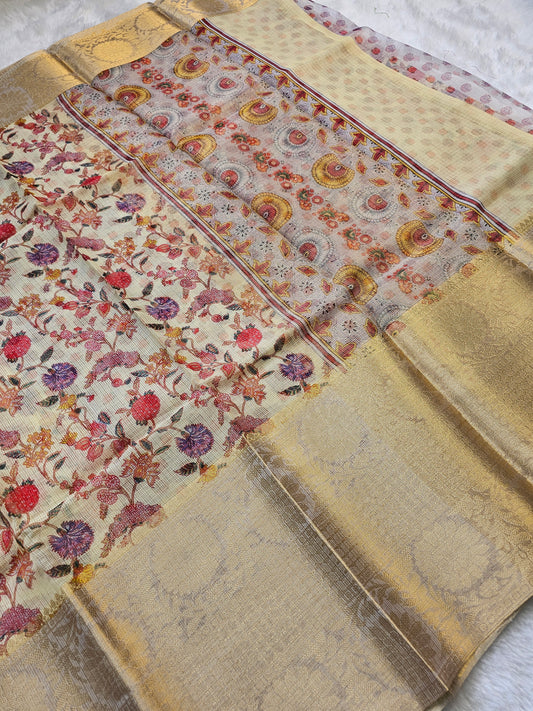 Banarasi Cream Printed Kota Silk Saree with Floral Print & Gold Zari Border