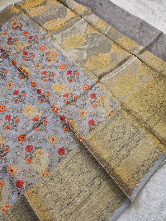 Banarasi Slate Grey Printed Kota Silk Saree with Floral Buta Print & Gold Zari Border