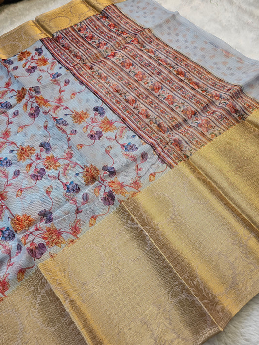 Banarasi Sky Blue Printed Kota Silk Saree with Floral Vine Print & Gold Zari Border