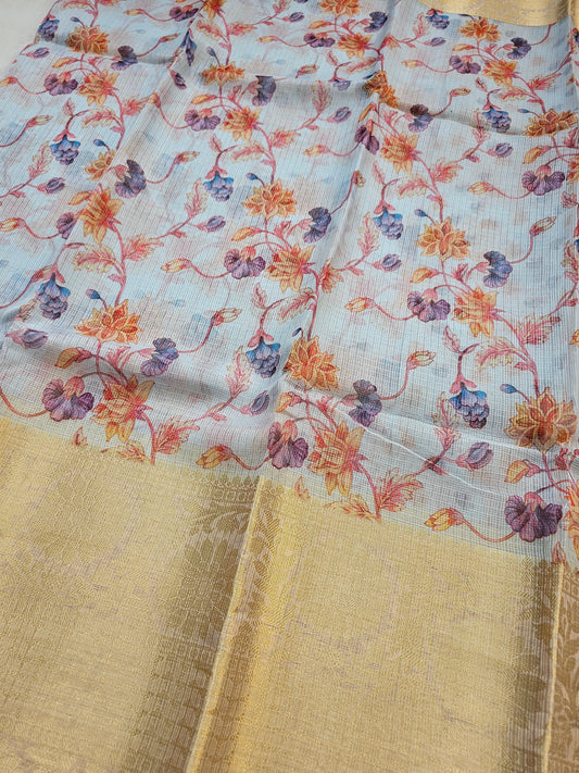 Banarasi Sky Blue Printed Kota Silk Saree with Floral Vine Print & Gold Zari Border