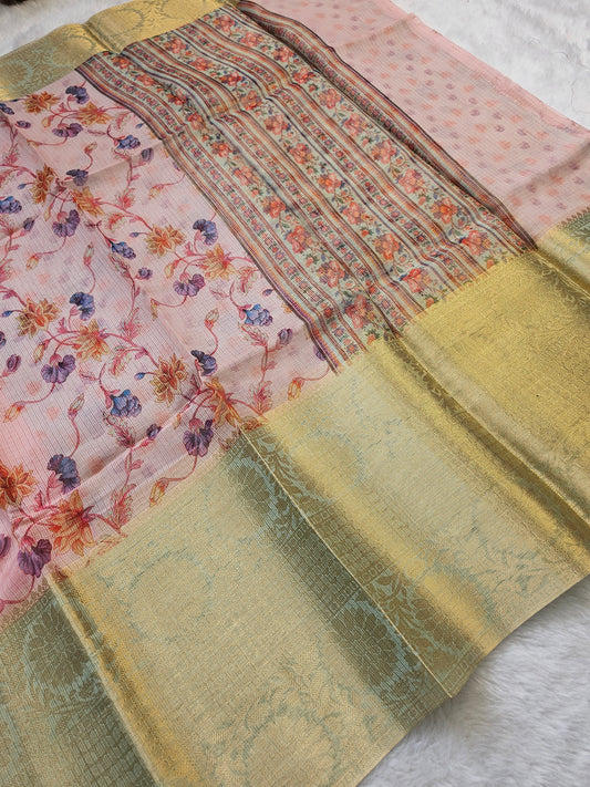 Banarasi Blush Pink Printed Kota Silk Saree with Floral Vine Design & Gold Zari Border