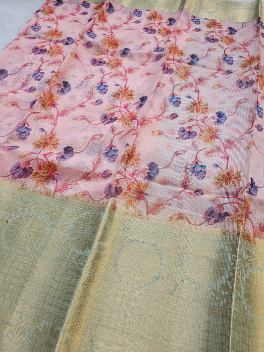 Banarasi Blush Pink Printed Kota Silk Saree with Floral Vine Design & Gold Zari Border