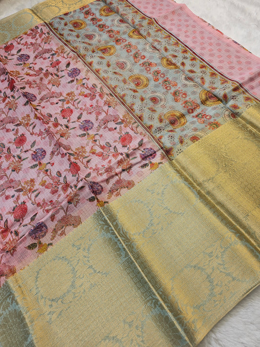 Banarasi Blush Pink Printed Kota Silk Saree with Floral Vine Design & Gold Zari Border