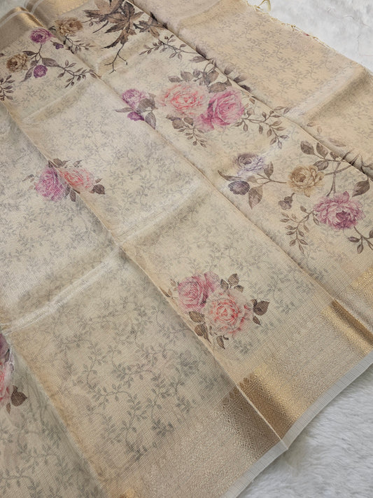 Banarasi Blush Peach Printed Tissue Silk Saree with Elegant Floral Print & Golden Zari Border