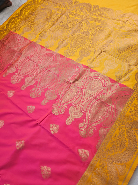 Banarasi Royal Pink Soft Katan Silk Saree with Mustard Yellow Contrast Border & Grand Zari Paisley Pallu