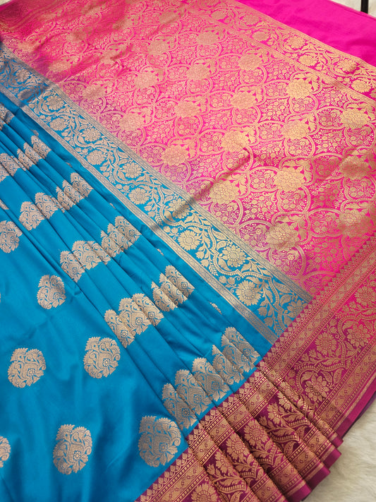 Banarasi Royal Sky Blue Soft Katan Silk Saree with Magenta Contrast Border & Rich Zari Floral Weaving