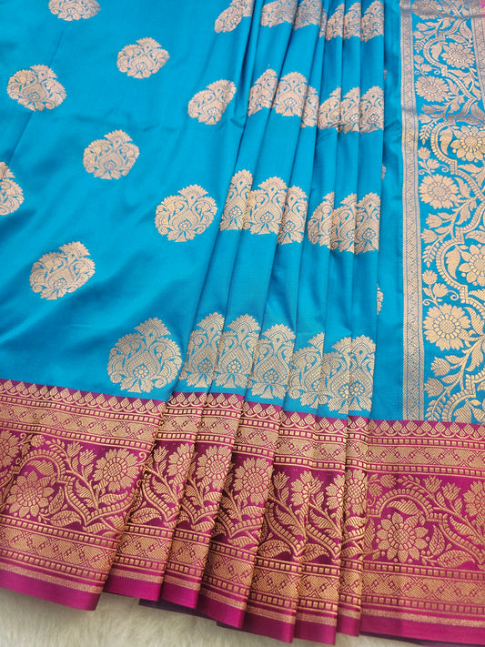Banarasi Royal Sky Blue Soft Katan Silk Saree with Magenta Contrast Border & Rich Zari Floral Weaving