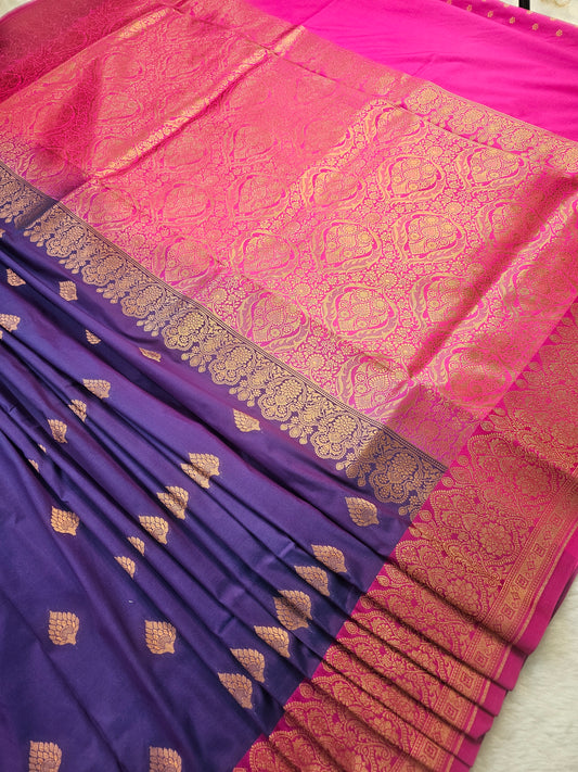 Banarasi Royal Navy Blue Soft Katan Silk Saree with Rani Pink Contrast Border & Rich Zari Floral Weaving