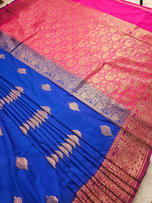 Banarasi Premium Soft Katan Silk Saree – Royal Blue with Magenta Banarasi Zari Border