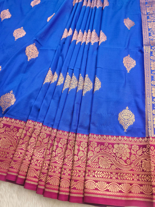 Banarasi Premium Soft Katan Silk Saree – Royal Blue with Magenta Banarasi Zari Border