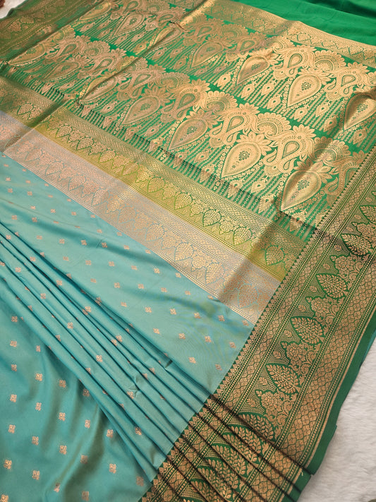 Banarasi Premium Soft Katan Silk Saree – Aqua Blue with Gold Zari Woven Border
