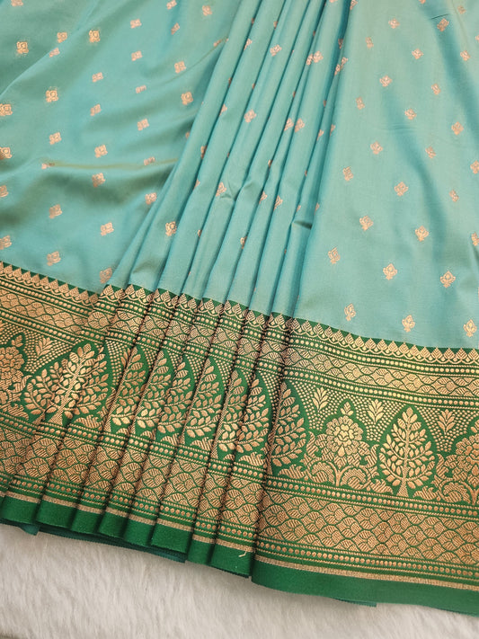 Banarasi Premium Soft Katan Silk Saree – Aqua Blue with Gold Zari Woven Border