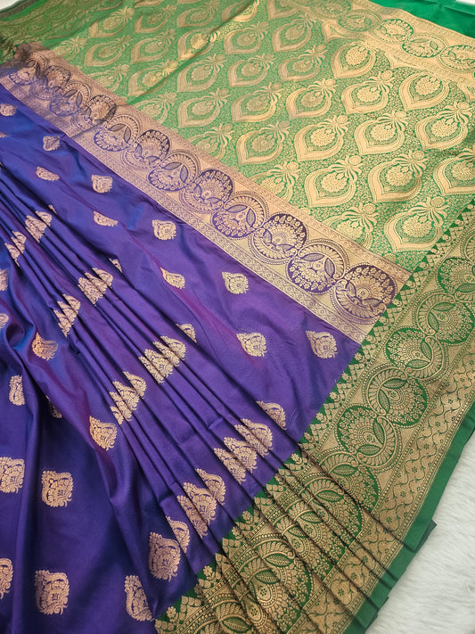 Banarasi Premium Soft Katan Silk Saree with Gold Zari Buti & Contrast Border – Royal Blue