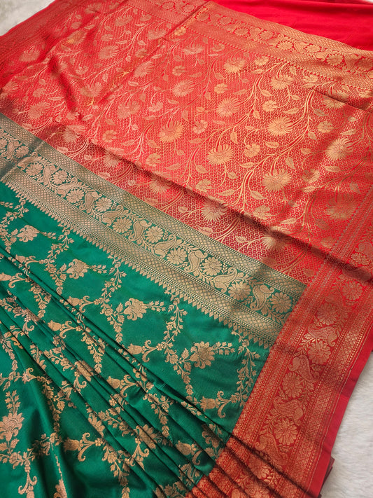 Banarasi Premium Soft Katan Silk Banarasi Saree with Gold Zari Buti & Contrast Rani Pink Border