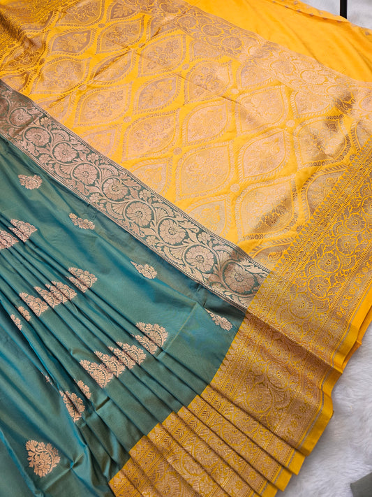 Banarasi Premium Soft Katan Silk Banarasi Saree with Gold Zari Buti & Contrast Mustard Yellow Pallu