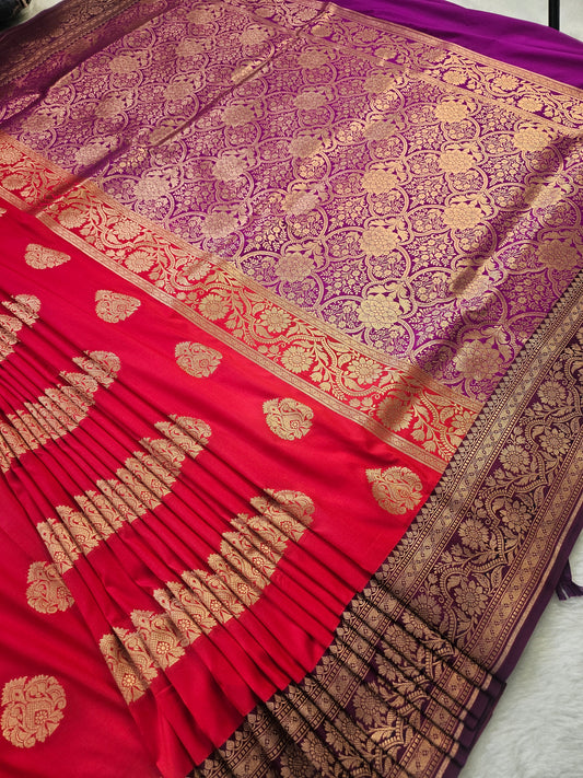Banarasi Premium Soft Katan Silk Banarasi Saree with Gold Zari Buti & Contrast Royal Purple Pallu