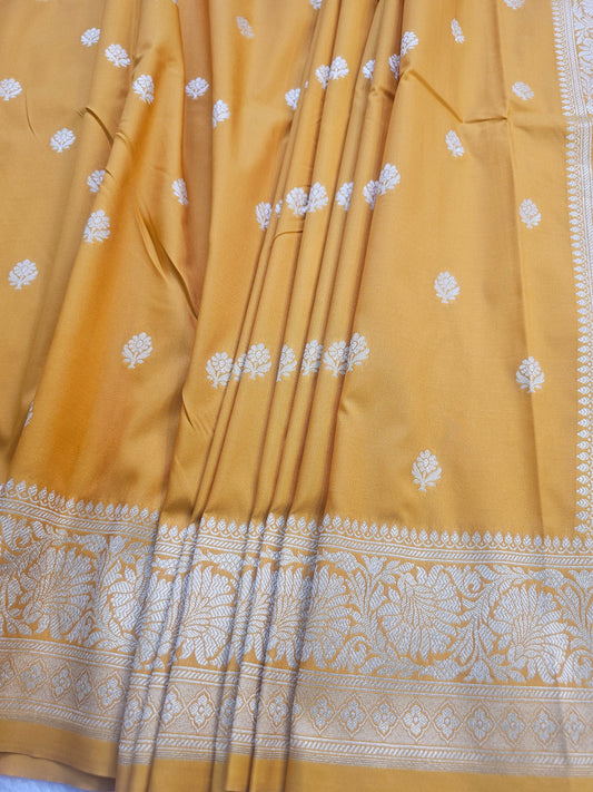 Banarasi Premium Soft Katan Silk Banarasi Saree in Mustard Yellow with Silver Zari Woven Border & Buti