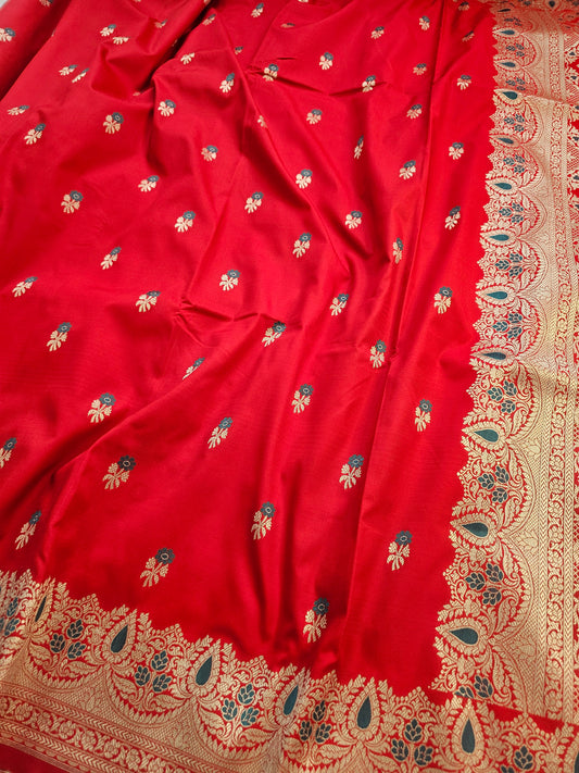 Banarasi Premium Soft Katan Silk Banarasi Saree in Royal Red with Gold Zari Meenakari Floral Woven Pallu