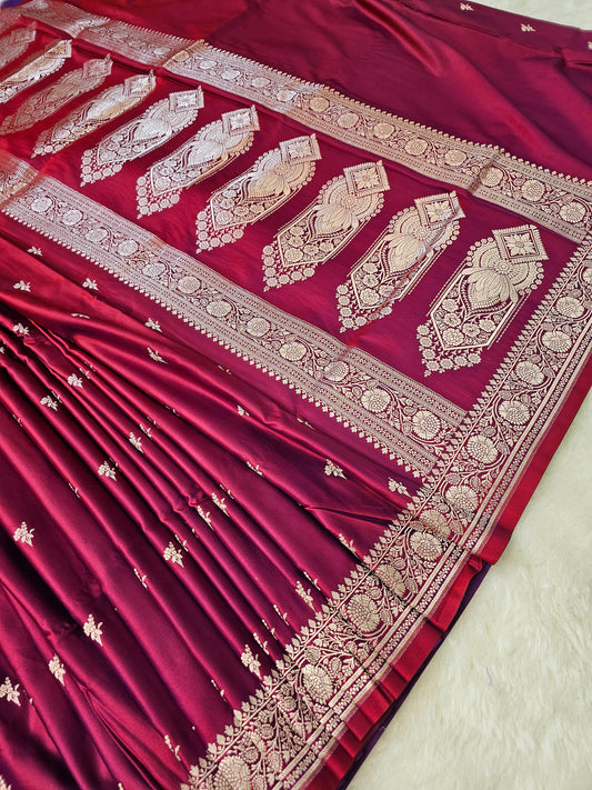 Banarasi Premium Wine Mashru Silk Saree with Rich Zari Woven Pallu & Traditional Border