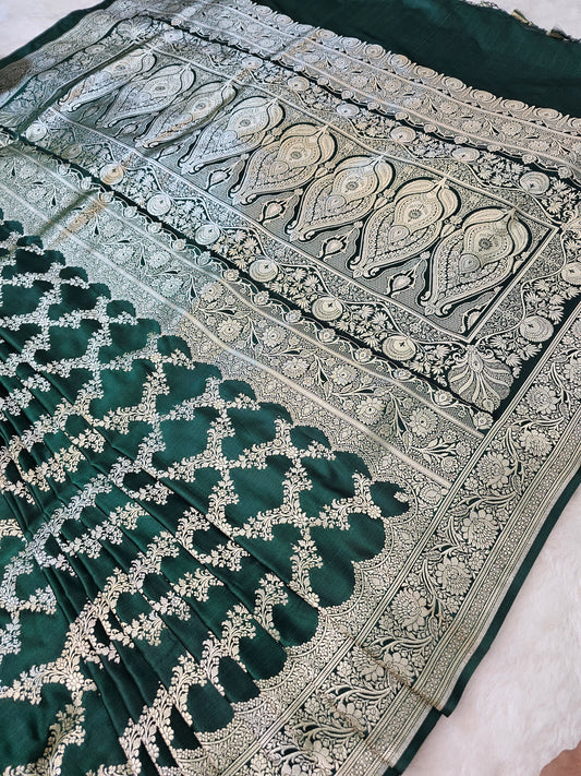 Banarasi Premium Forest Green Mashru Silk Saree with Silver Zari Jaal & Grand Banarasi Woven Pallu