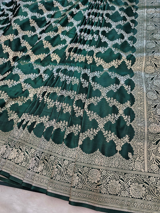 Banarasi Premium Forest Green Mashru Silk Saree with Silver Zari Jaal & Grand Banarasi Woven Pallu