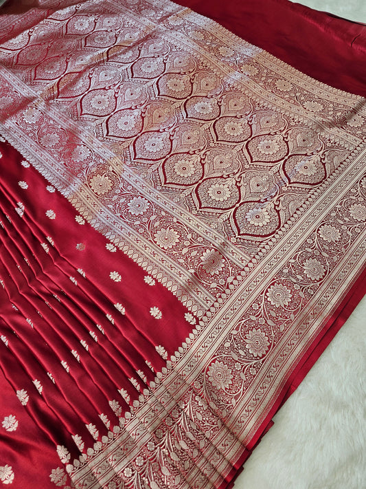 BanarasiRuby Red Mashru Silk Saree with Antique Silver Zari Floral Jaal Pallu