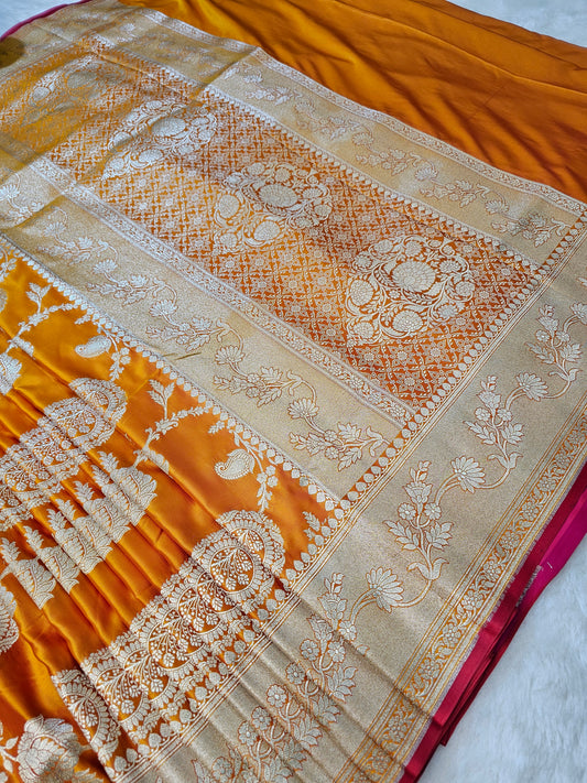 Banarasi Mustard Gold Mashru Silk Saree with Silver Zari Floral Pallu & Heritage Motif Weaving