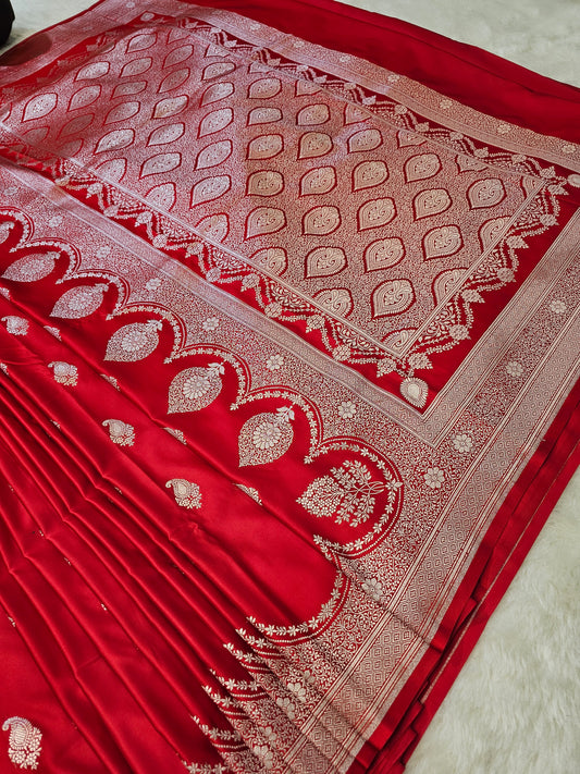 BanarasiRoyal Red Mashru Silk Saree with Silver Zari Paisley Jaal Pallu & Banarasi Weaving