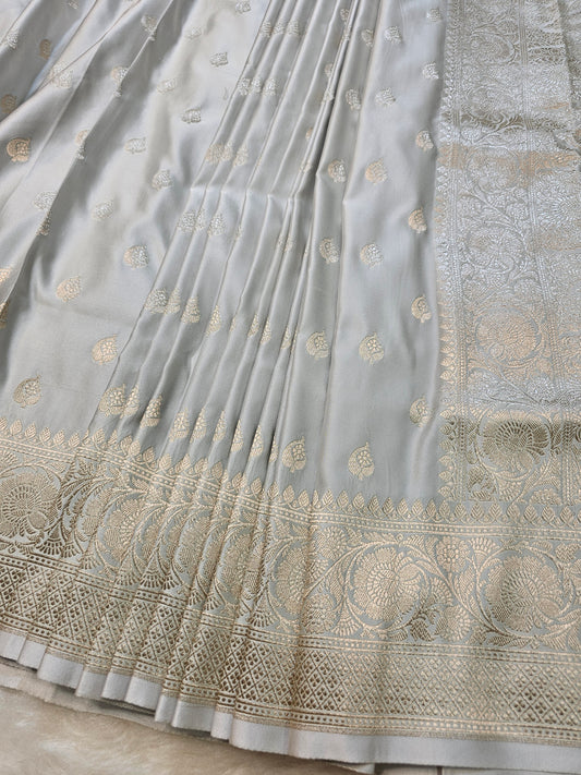 Banarasi Pearl Grey Mashru Silk Saree with Silver Zari Paisley Jaal Pallu & Banarasi Border