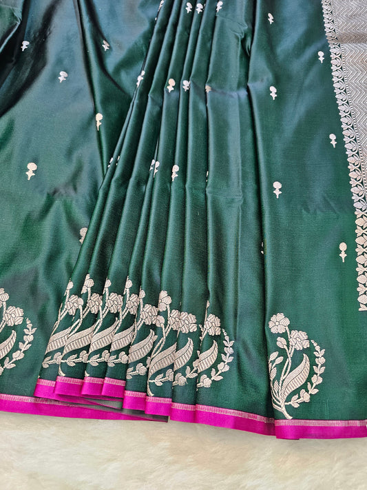 Banarasi Emerald Green Mashru Silk Saree with Silver Zari Floral Jaal Pallu & Contrast Pink Border