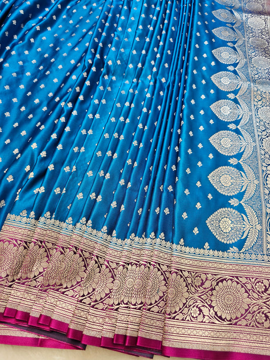 Banarasi Premium Mashru Silk Saree with Royal Blue Body, Magenta Contrast & Rich Silver Zari Woven Pallu