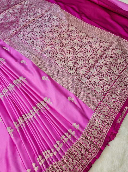Banarasi Premium Pink Mashru Silk Saree with Silver Zari Floral Buttas & Rich Banarasi Woven Pallu
